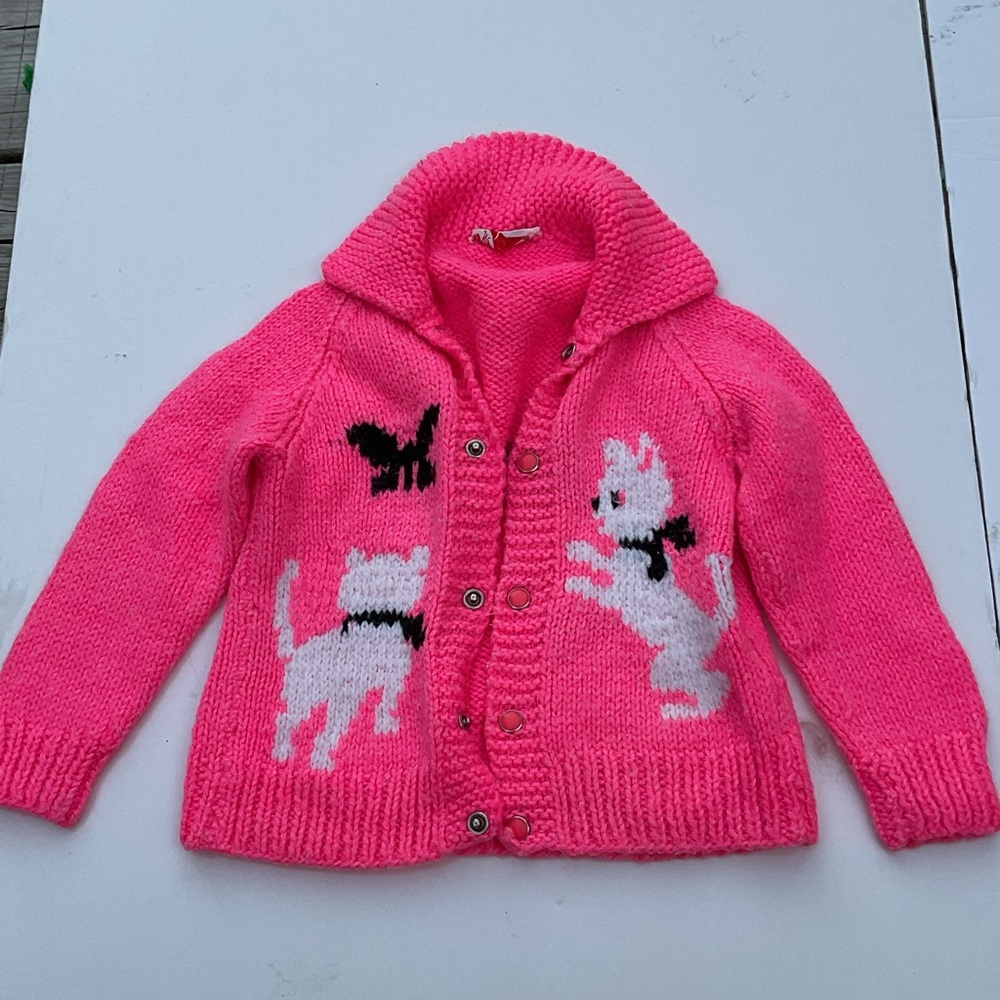 Charming Handmade Pink Girls Knitted Sweater with White Cats Kittens Vintage
